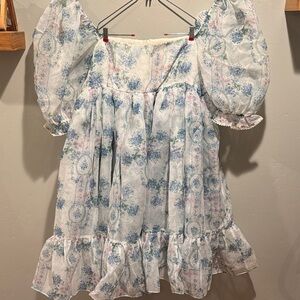 Selkie La Belle Etoile French Puff Sleeve Mini Dress in Soft Blue White Sheer